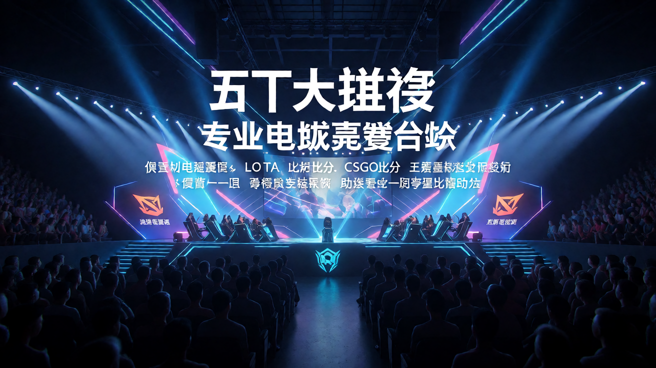电竞比赛现场全景，舞台灯光与观众席
